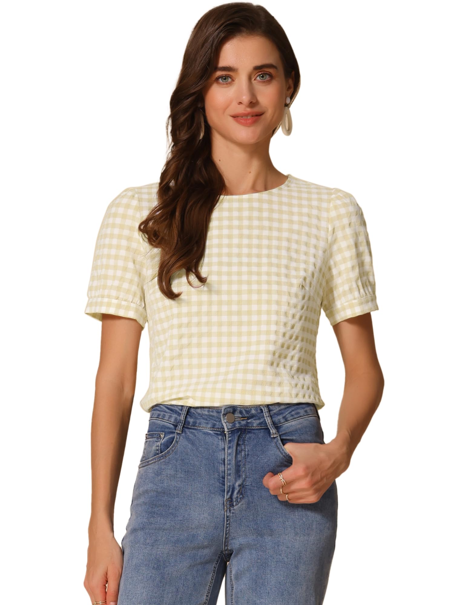Allegra K Puff Sleeve Gingham Top for Women's Crew Neck Cute Peasant Fitted Checkered Plaid Shirt