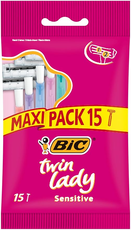 BIC Twin Lady Sensitive Razors, Disposable Razors with Two Blades for a Smooth and Precise Shave, Pack of 15