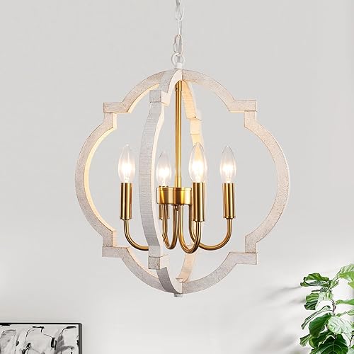 Candelabro rústico de granja con 4 luces, lámpara vintage de orbe para comedor, lámpara colgante de madera para sala de estar, cocina, dormitorio,