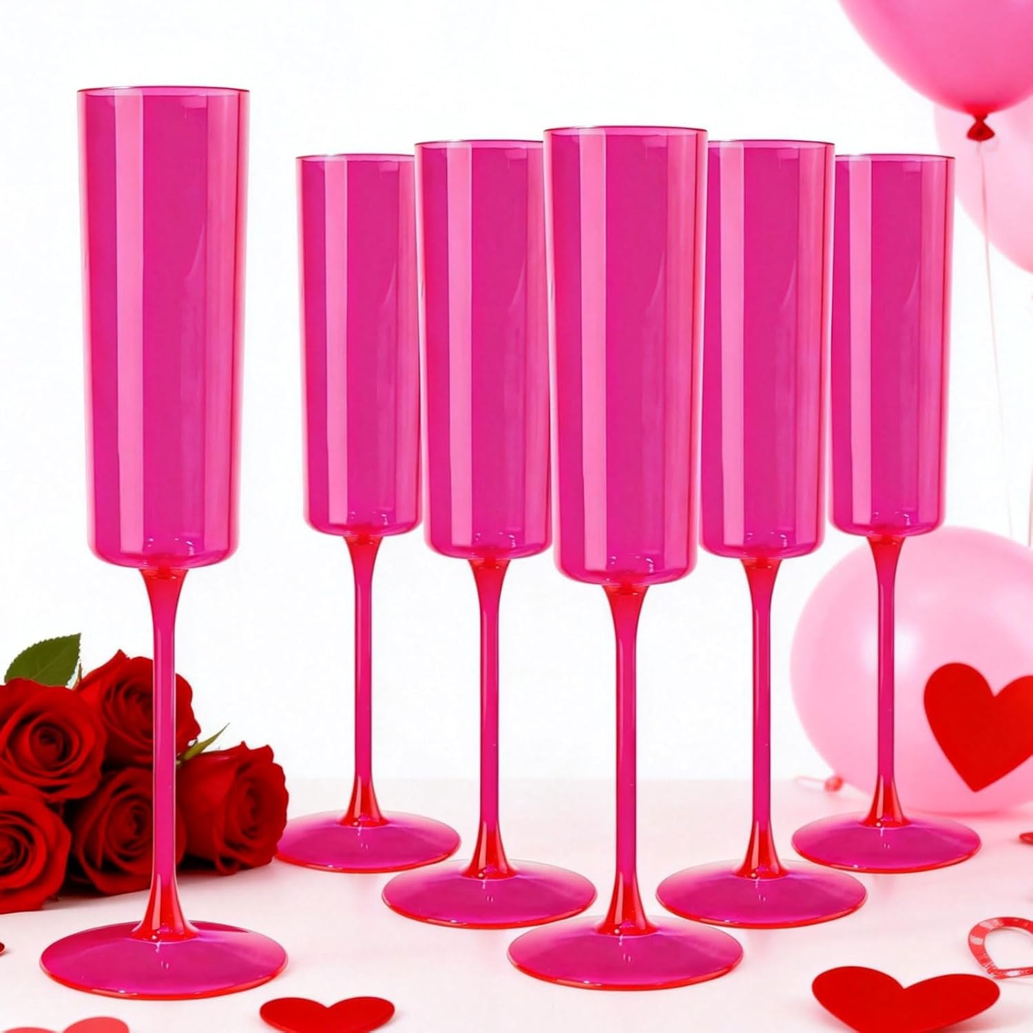 Ciaell 24 Pack Plastic Champagne Flutes - Hot Pink 6 Oz Disposable Champagne Glasses - Square Plastic Toasting Glasses for Party Birthday Anniversary Wedding & Valentine's Day
