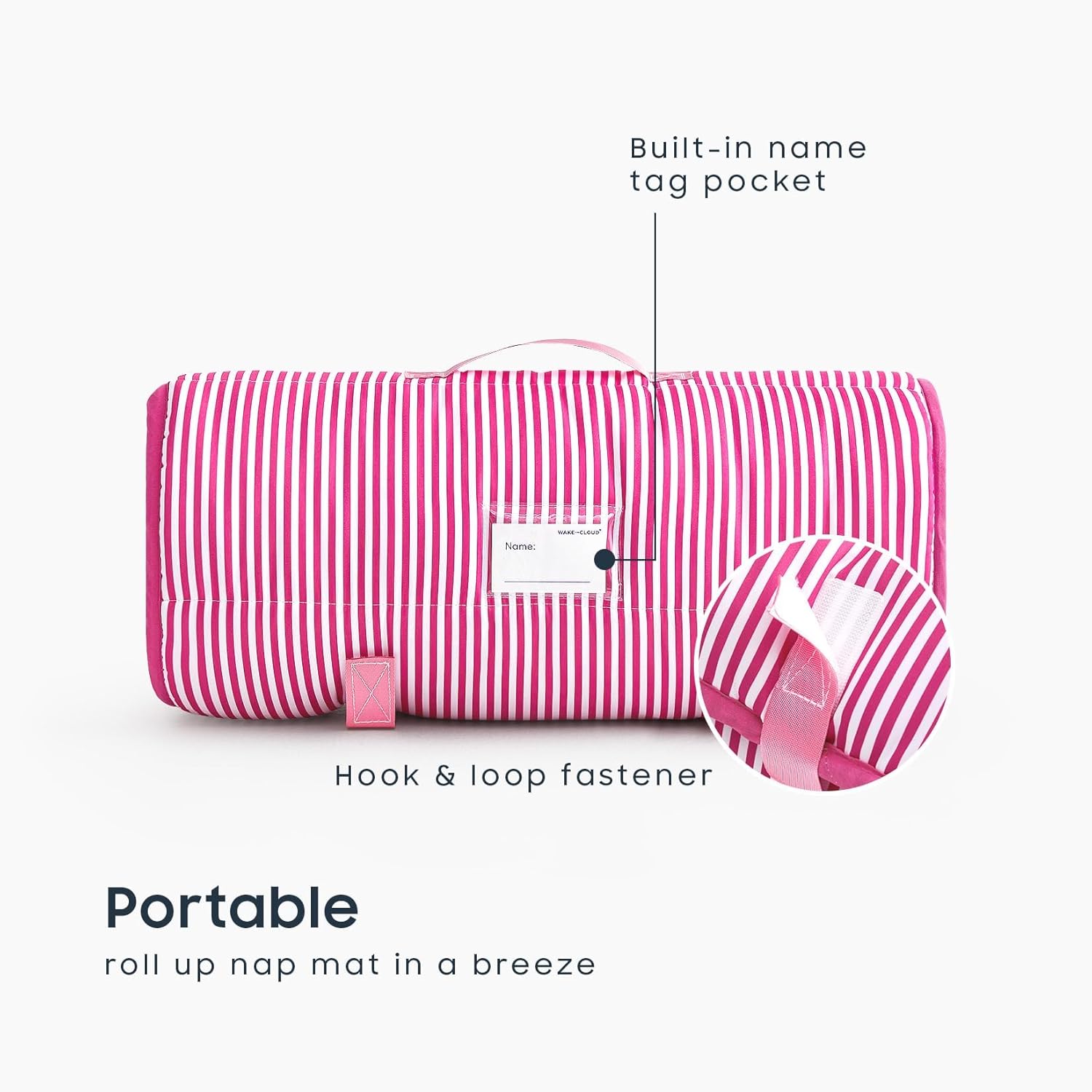 Wake In Cloud - Toddler Nap Mat with Pillow and Minky Fleece Blanket, for Kids Boys Girls in Daycare Preschool Kindergarten, Roll Up Sleeping Bag, Cute Ticking Stripe, Hot Pink White, Standard