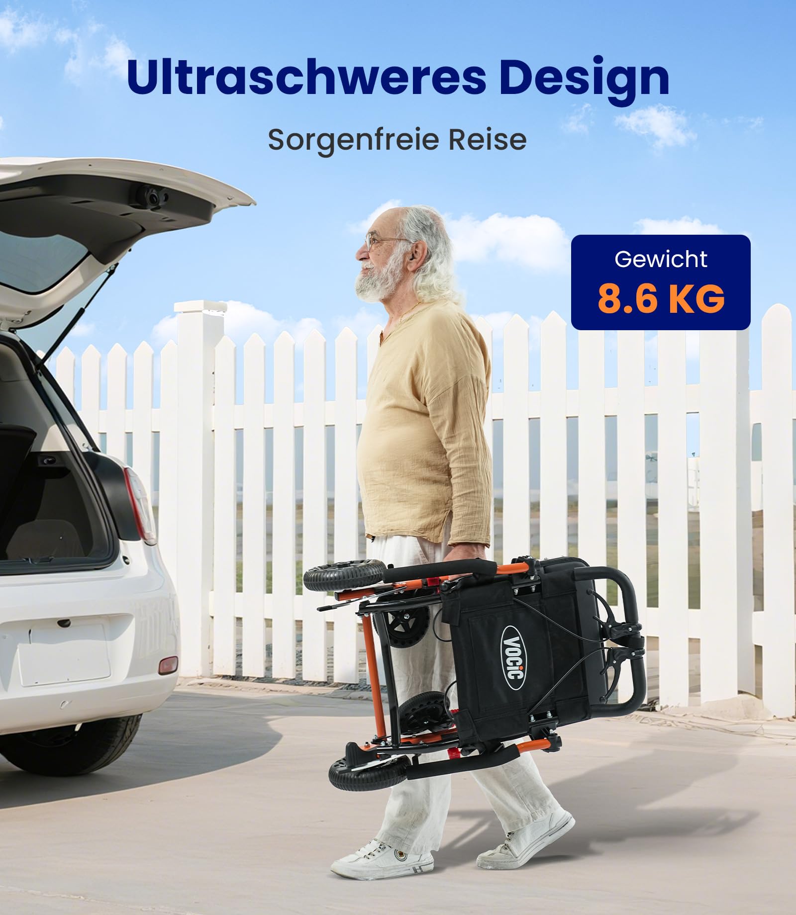 VOCIC U41 Rollstuhl Faltbar Leicht Ultraleichter Reiserollstuhl 8.6KG | Transportrollstühle klappbar,20CM Honeycomb Gelände Reifen,Schmaler Rollstuhl für Wohnung,Aluminium|Orange