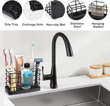 CHONLY Stainless Steel Toothbrush Holder, Detachable Drain Tray Electric Toothbrush Holder, Large Space Toothbrush Holders for Bathroom, Black Bathroom Organizers, 5 Slots Bathroom Counter Organizer