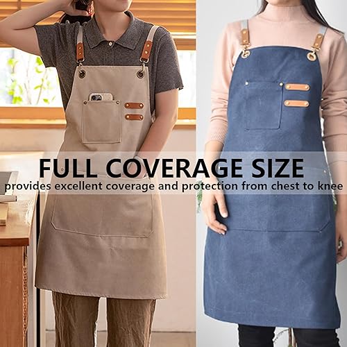 Miniatura 7 de Delantales de chef impermeables para hombres y mujeres con bolsillos grandes, lona de algodón con espalda cruzada, delantal ajustable resistente