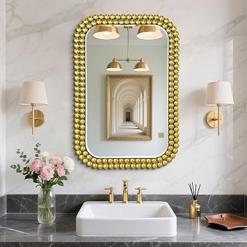 Wall Mount Bathroom Mirror Beaded Framed Baroque Decorative Vanity Mirror Rounded Corner Rectangle Mirror for Wall,Over Sink,Bedroom