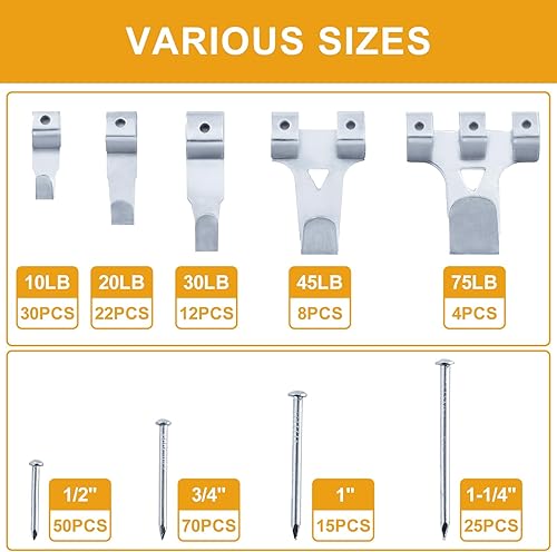 Miniatura 5 de KURUI Kit de colgadores para cuadros de 303 piezas, kit surtido de colgadores para cuadros con ganchos de pared resistentes, dientes de sierra