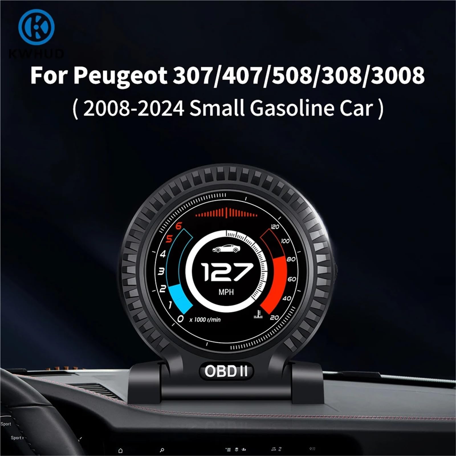 Pantalla Frontal HUD OBD2 for Coche con múltiples Indicadores for Velocidad, RPM, Voltaje, ODO y Reloj(Black)
