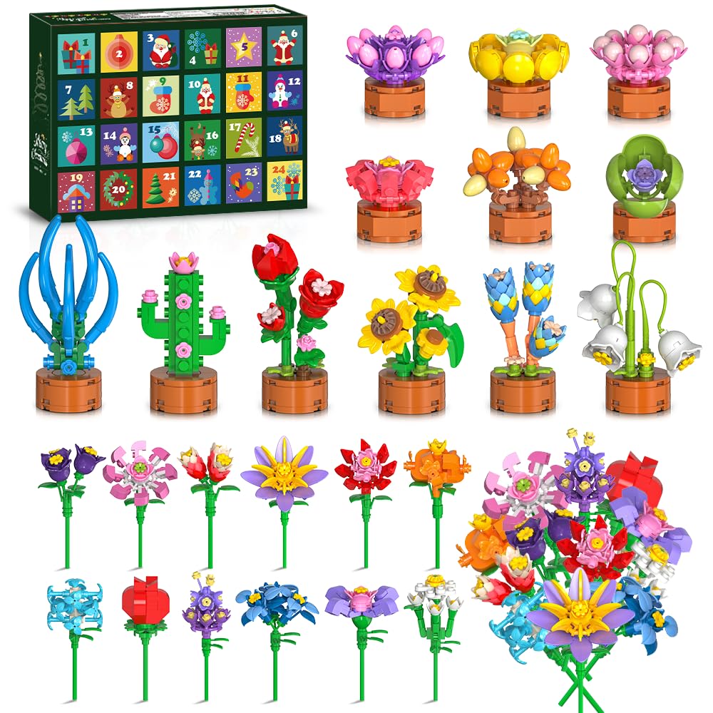 2025 Advent Calendar Flower 3.6 Mini Building Set - 24 Day Christmas Countdown Calendar Succulent Building Block Toy 827PCS Party Favors Stocking Stuffer Xmas for Kids Girls Boys Ages 6+