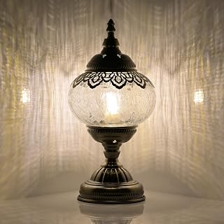 GOGERS Turkish Moroccan Table Lamp with Handmade Mosaic Glass Shade - Tiffany Bohemian Stained Glass Night Light for Bedroom Desk (White)