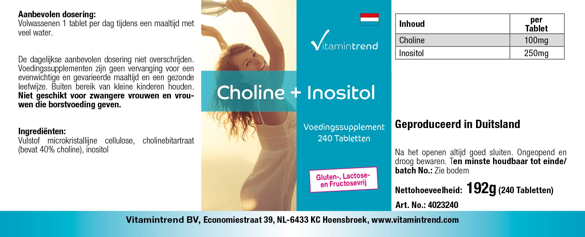 Vitamintrend Choline 100 mg + Inositol 250 mg, 240 comprimés, complément alimentaire végan sans stéarate de magnésium, fabriqué en Allemagne