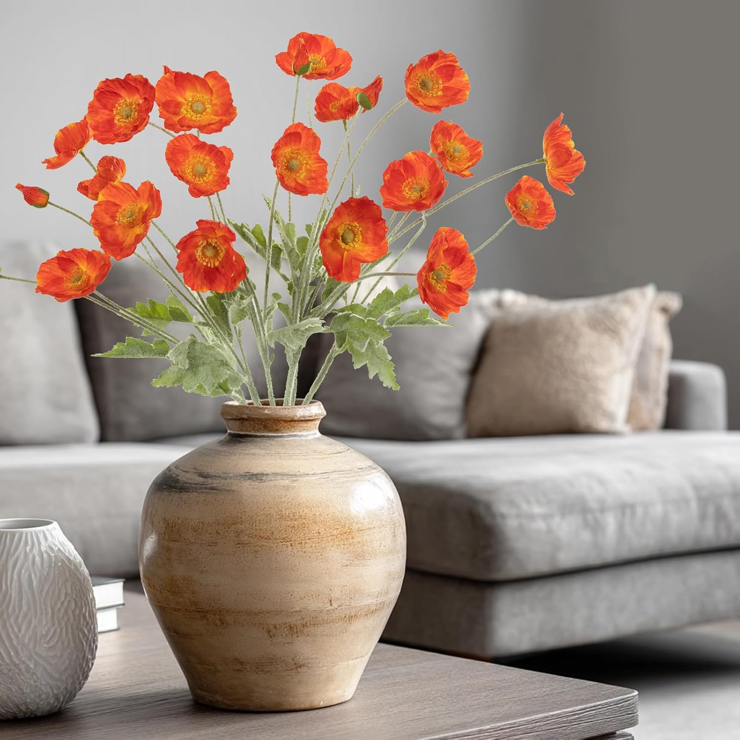 DuHouse Artificial Poppies Flowers 6 Stems, Lifelike Silk Fake Flowers with Buds for Spring Wedding, Dining Table, Home and Office Decoration(Orange Red) - Image 2