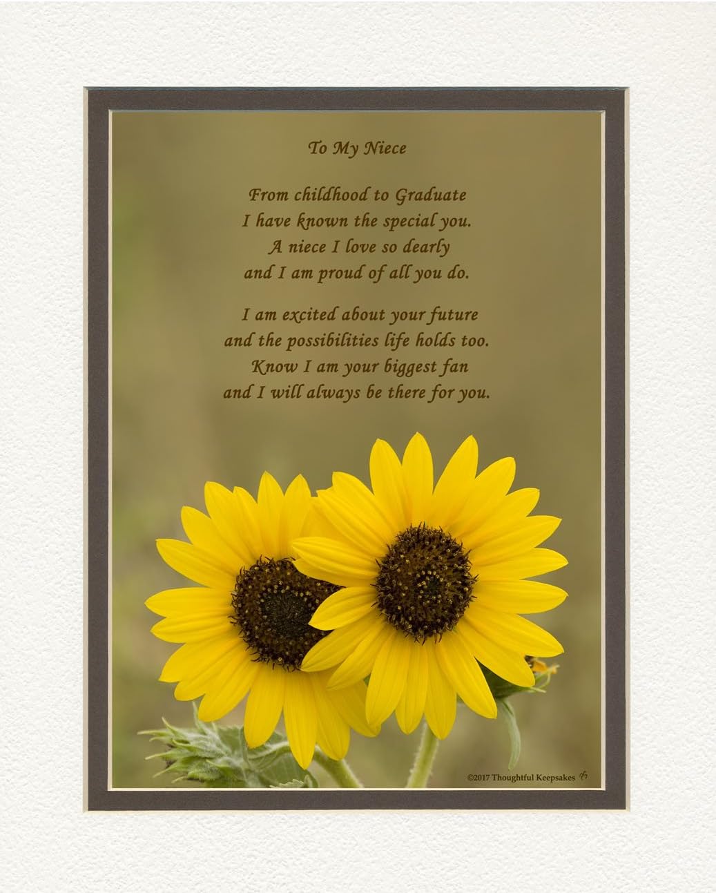 Niece Graduation Gift, Sunflowers Photo with "From Childhood to Graduate" Poem, 8x10 Double Matted. Special Keepsake Graduation Gifts for Niece, Unique College and High School Grad Gifts for Niece.