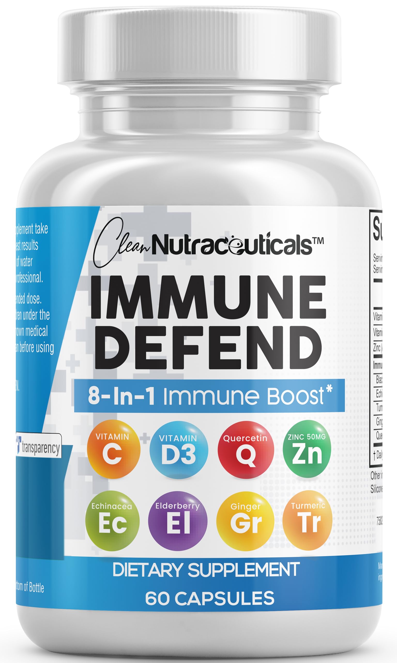 Clean Nutraceuticals Immune Defense Support Supplement 8 in 1 with Zinc 50mg Quercetin, VIT C 1000mg, Vitamin D3 5000 IU, Elderberry, Ginger - Immunity System Booster for Adults, Vegan - 60 CountClean Nutraceuticals Immune Defense Suppor…