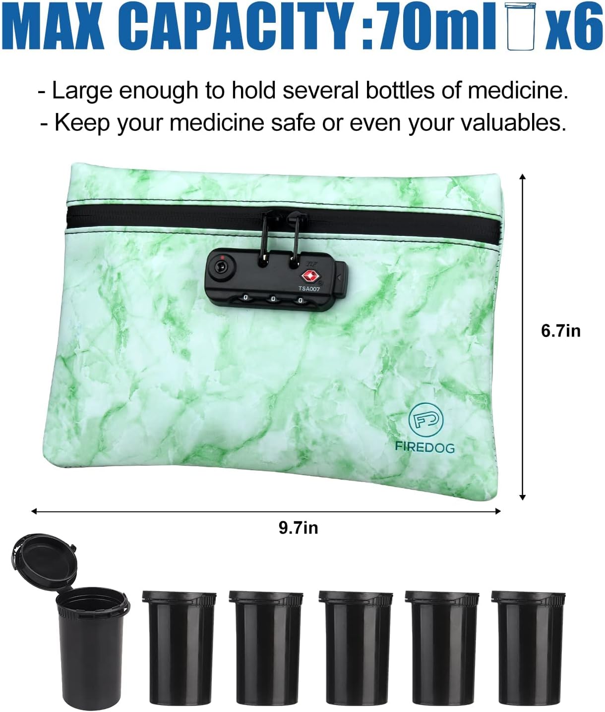 FIREDOG Lock Smell Proof Bags, Carbon Lined 6x9 Odor Proof Pouch Case Container for Travel Stash Storage (Marble Green)