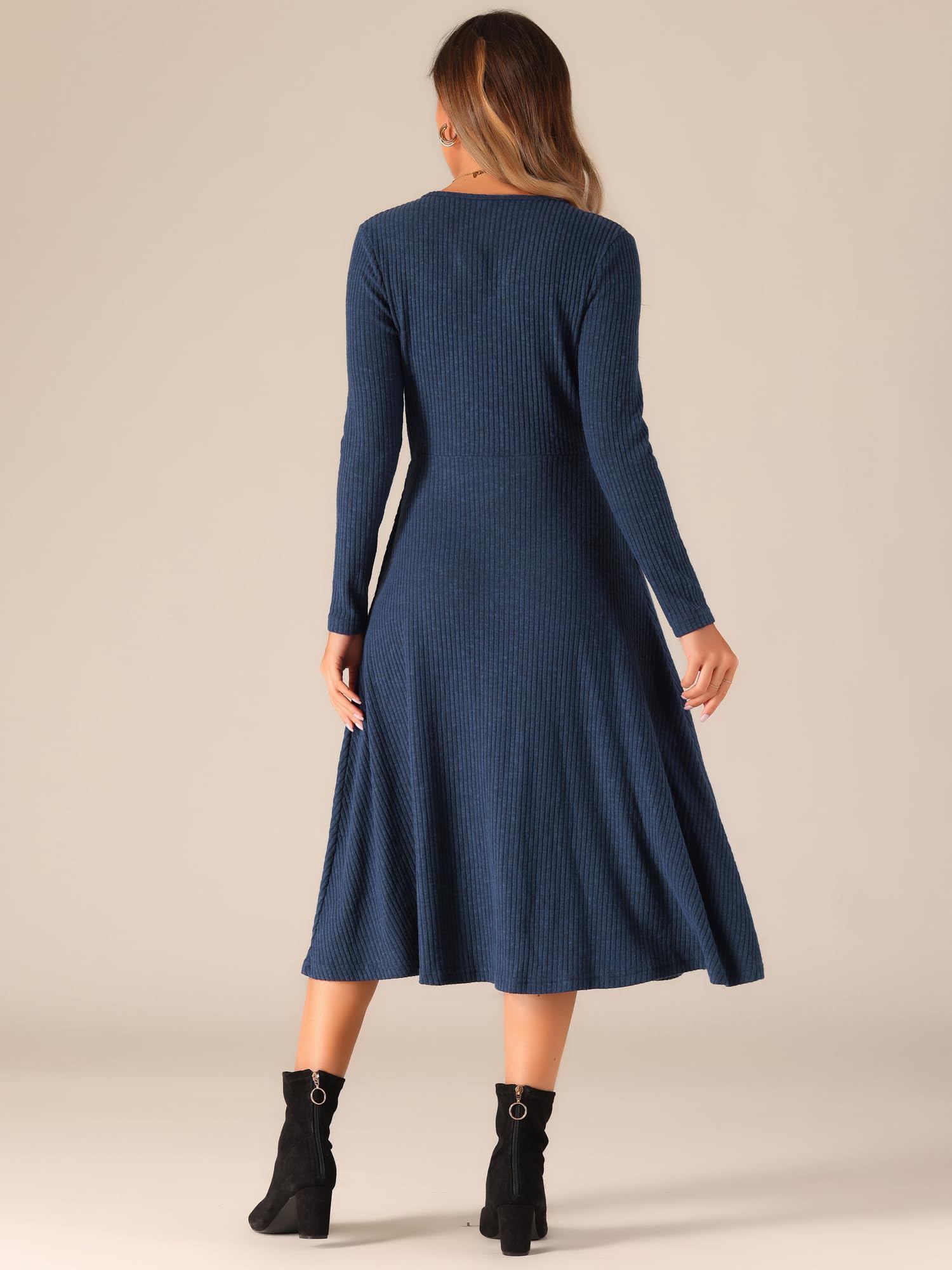 Allegra K Robes en Tricot Femme Col en V Robe d'hiver Chaud à Manches Longues Robe Mi-Longue Trapèze Côtelée
