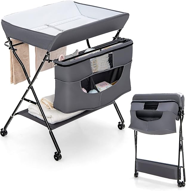 Maxmass Folding Baby Changing Table, Height Adjustable Infant Diaper Care Station with Hanging Rod, Storage Bag, Open Shelf & Lockable Wheels, Portable Newborn Dresser Nappy Changer (Grey)