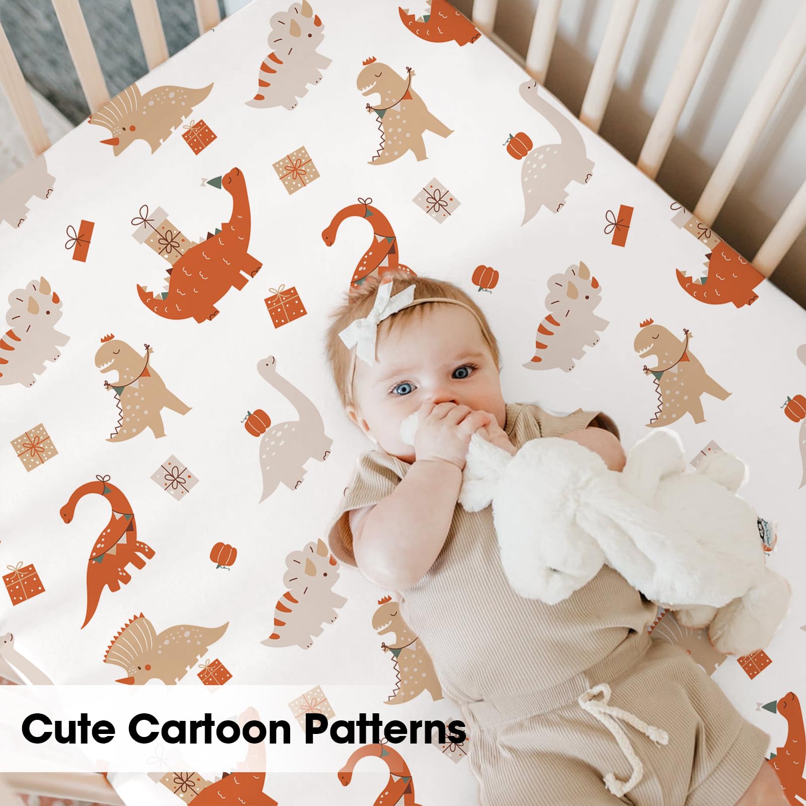 Bimocosy Sábanas para cuna, paquete de 4 sábanas para bebé, tamaño 38 x 26 pulgadas, para colchón de corralito, mini cuna portátil, sábanas suaves para bebé, dinosaurio/hojas/caqui/marfil
