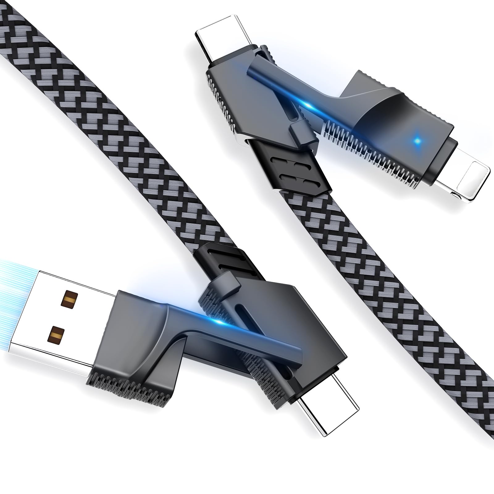 2Pack 4 in 1 USB C Cable for Lightning Cable, 60W Dual USB C Cable 6FT Flat Braided Fast Charging Cord with Lightning/Type C/USB A Multi Ports for iPhone 15 14 Pro Max Plus/i-Pad/Samsung/MacBook