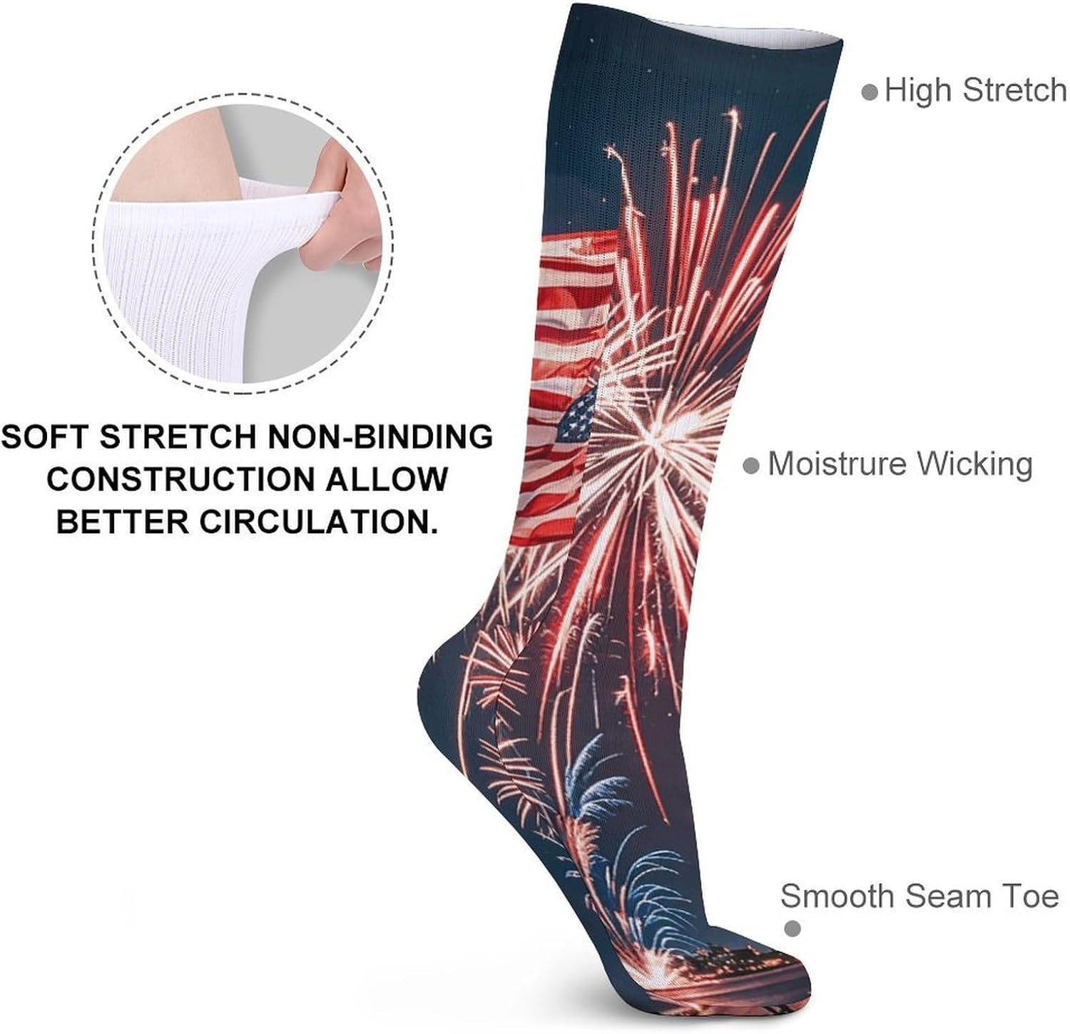 5 Pairs Knee High Socks Firework USA Flag Long Tube Boot Seamless Toe