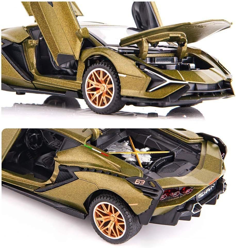 Image of Advisian store 1:32 Lamborghini Sian Miletry Die-cast Metal Toy Model Car Pull Back car with Openable Doors with Sound and Light for Gifts for Kids (1:32 Lamborghini Sian - Green)