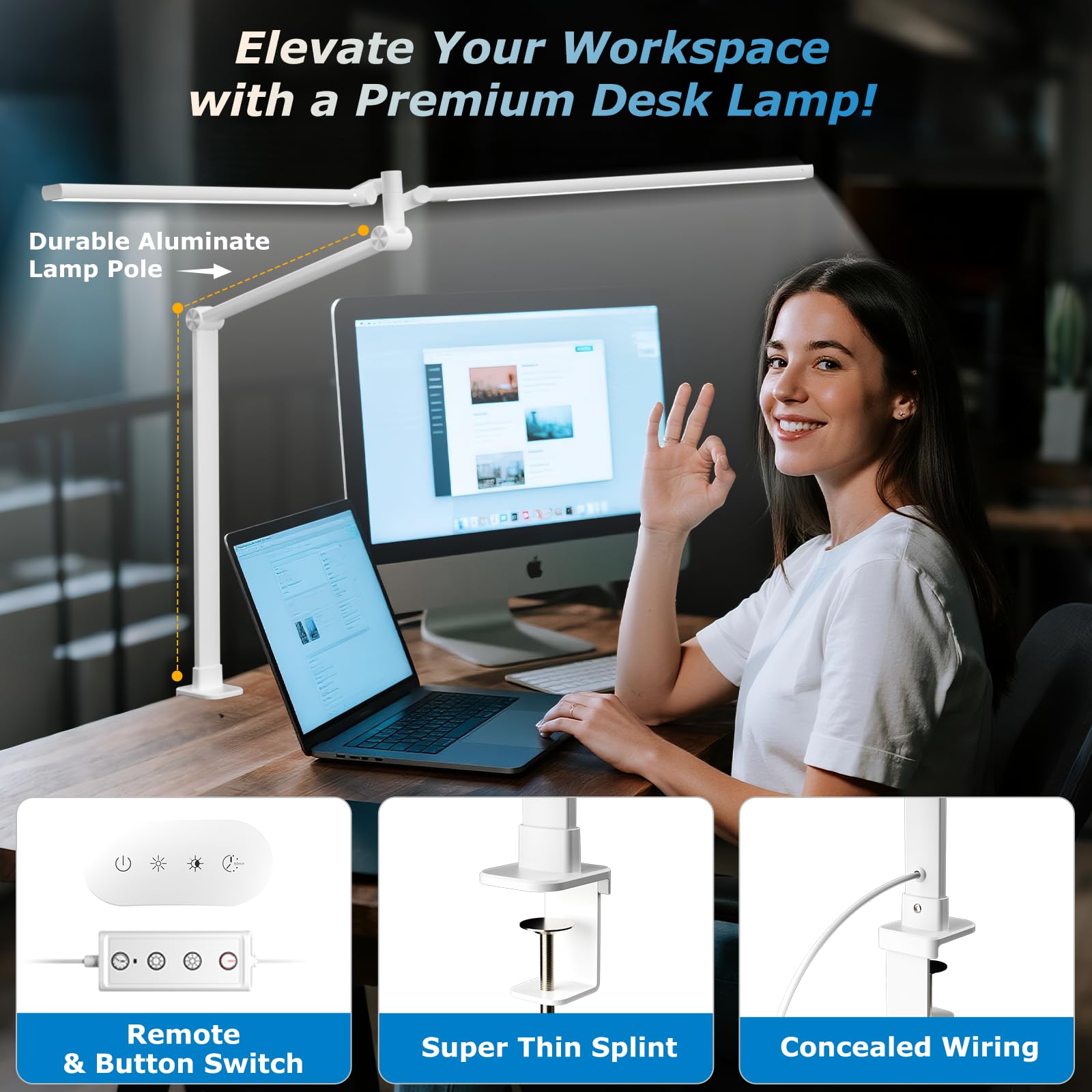 Airlonv LED Desk Lamp, Double Swing Arm Wide Lighting Area Desk Lamps for Home Office with Stepless Dimming, Eye-Caring Architect Desk Light with Clamp for Reading, Study, Workbench, Drafting(White) view 4