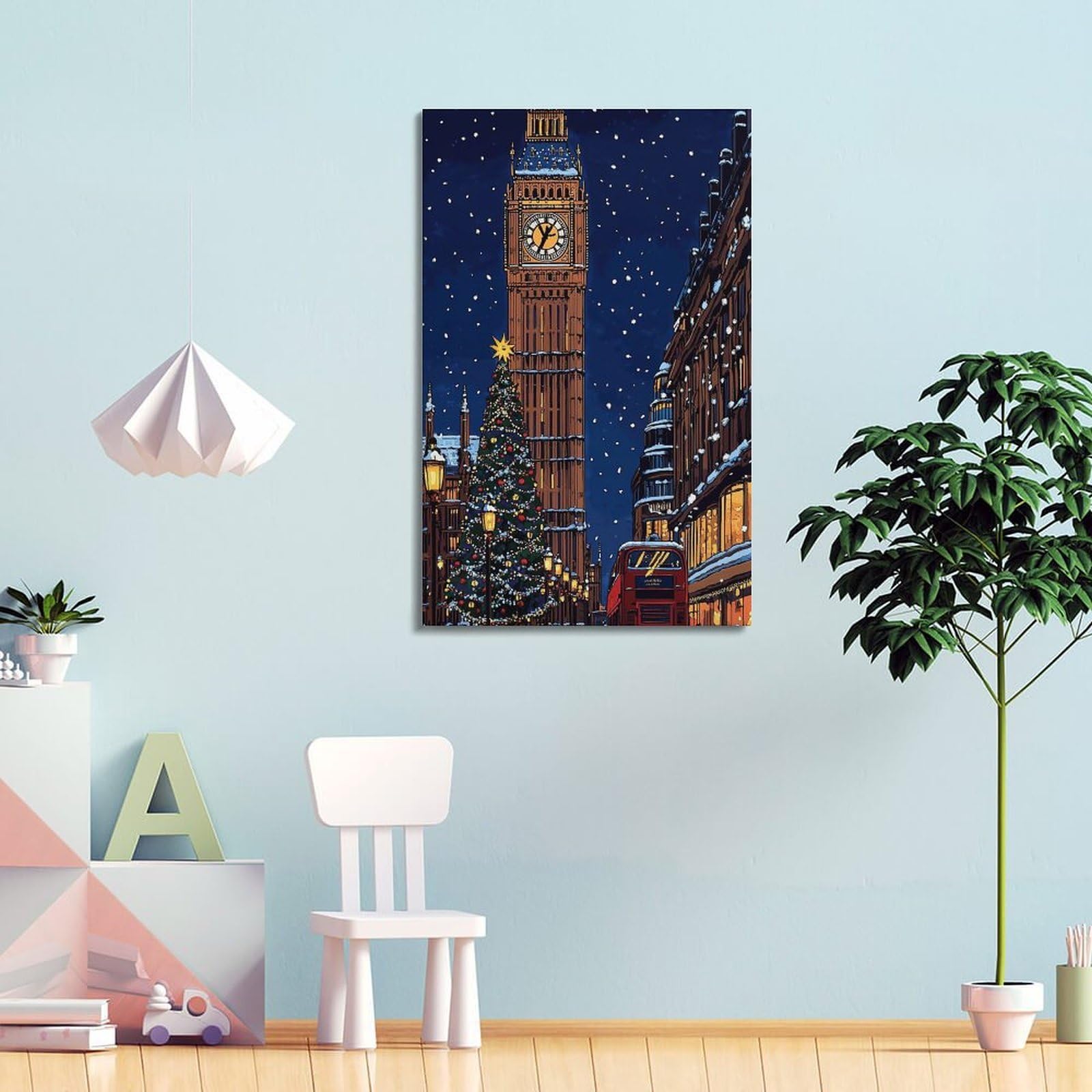 CWLLOG Stampa artistica da parete su tela, poster natalizio con scena di Londra e Big Ben, mostra festival urbani moderni, per soggiorno e camera da letto, 50 x 75 cm