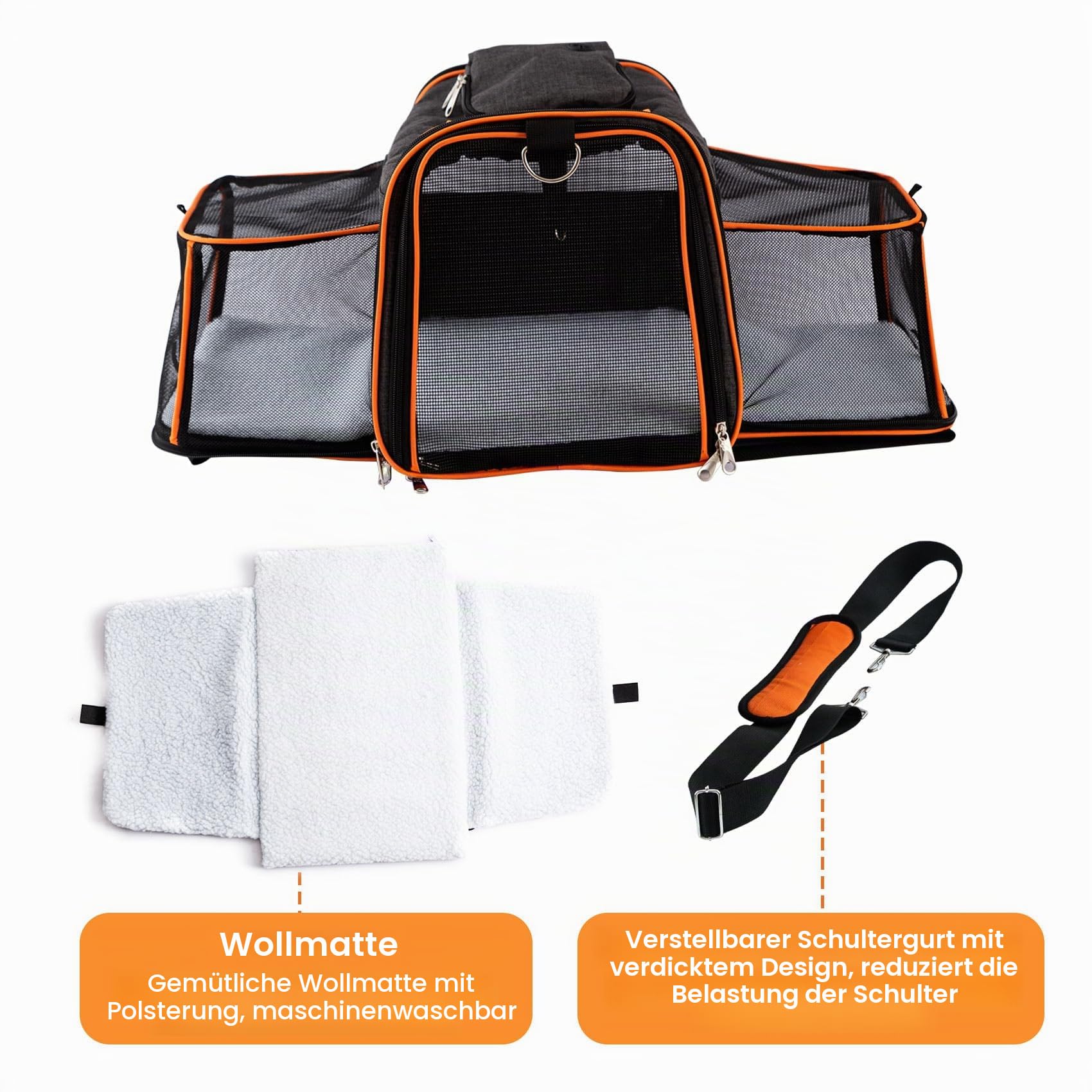 45x28x28 cm Transporttasche für Katzen und Hunde bis 6kg, Faltbare und Erweiterbare Katzentransportbox, Katzentragetasche mit Verstellbarem Schultergurt, Abnehmbarer Wollmatte