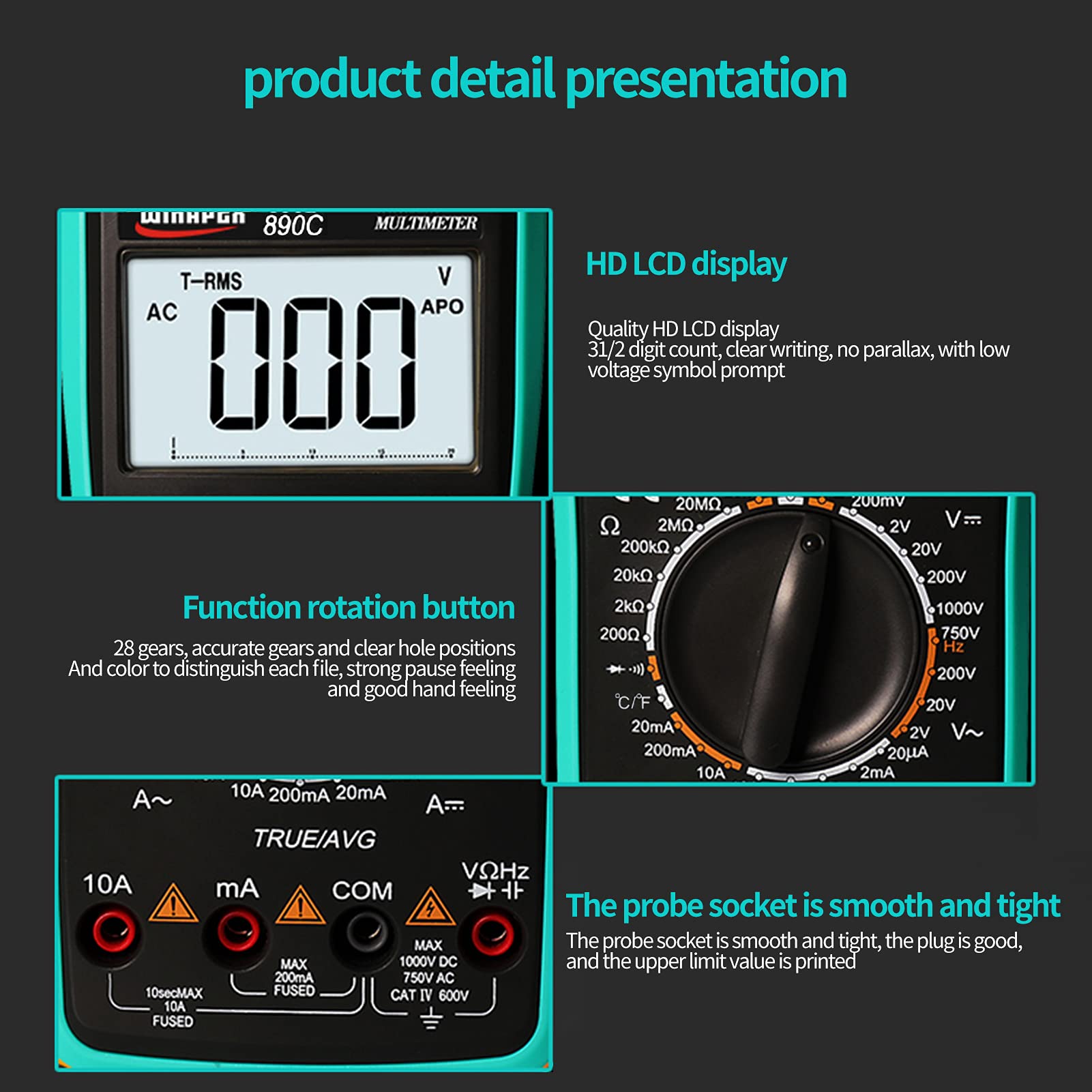 Jadeshay Digital Multimeter High Precision NCV True RMS DC/AC Voltage Meter Capacitance Diode Tester (VC890C)
