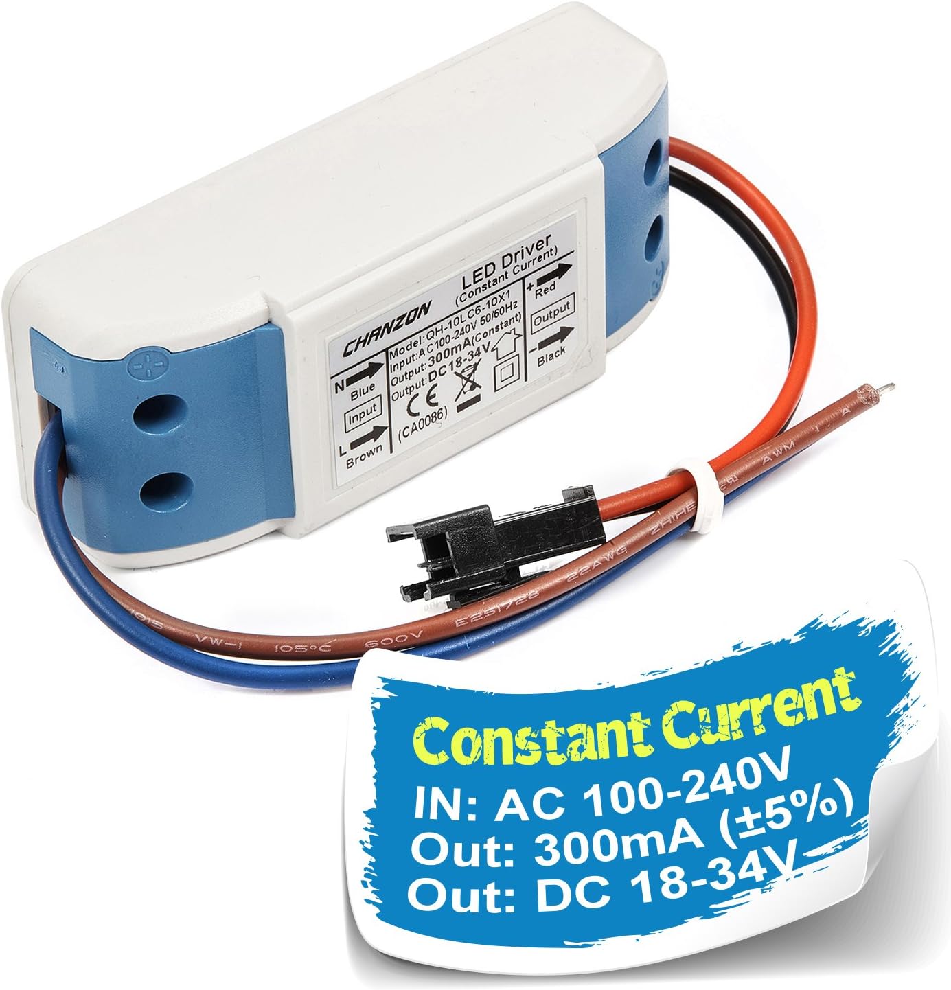 Chanzon LED Driver 300mA (Constant Current Output) 18V-34V (Input 85-277V AC-DC) (6-10) x1W 6W 7W 8W 9W 10W Power Supply 300 mA Lighting Transformer Drivers for High Power COB Chips (Plastic Case)