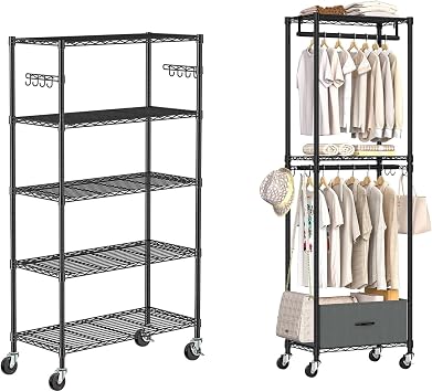 Folews 5 Tier Storage Shelves with Wheels Metal Shelving Unit, Freestanding Clothing Rack for Hanging Clothes with Wheels