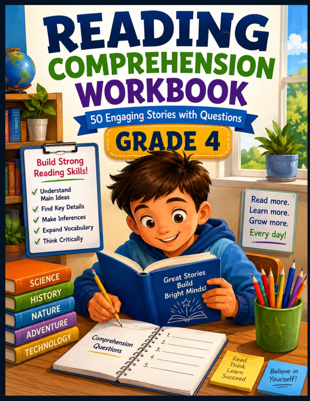Reading Comprehension Workbook Grade 4: 50 Engaging Stories with Comprehension Questions to Build Reading Skills, Vocabulary, Critical Thinking, Fluency, and Reading Confidence