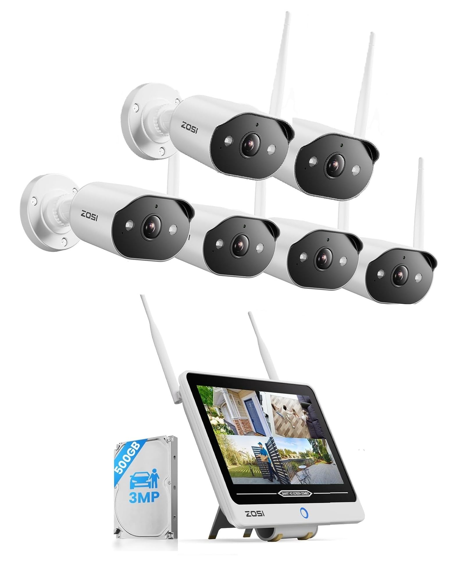 ZOSI 2K Wi-Fi 6 Überwachungskamera Set Aussen mit 12" Monitor NVR, 500GB HDD, 6X 3MP WLAN Kamera mit 2 Wege Audio, KI Personenerkennung, Farbnachtsicht