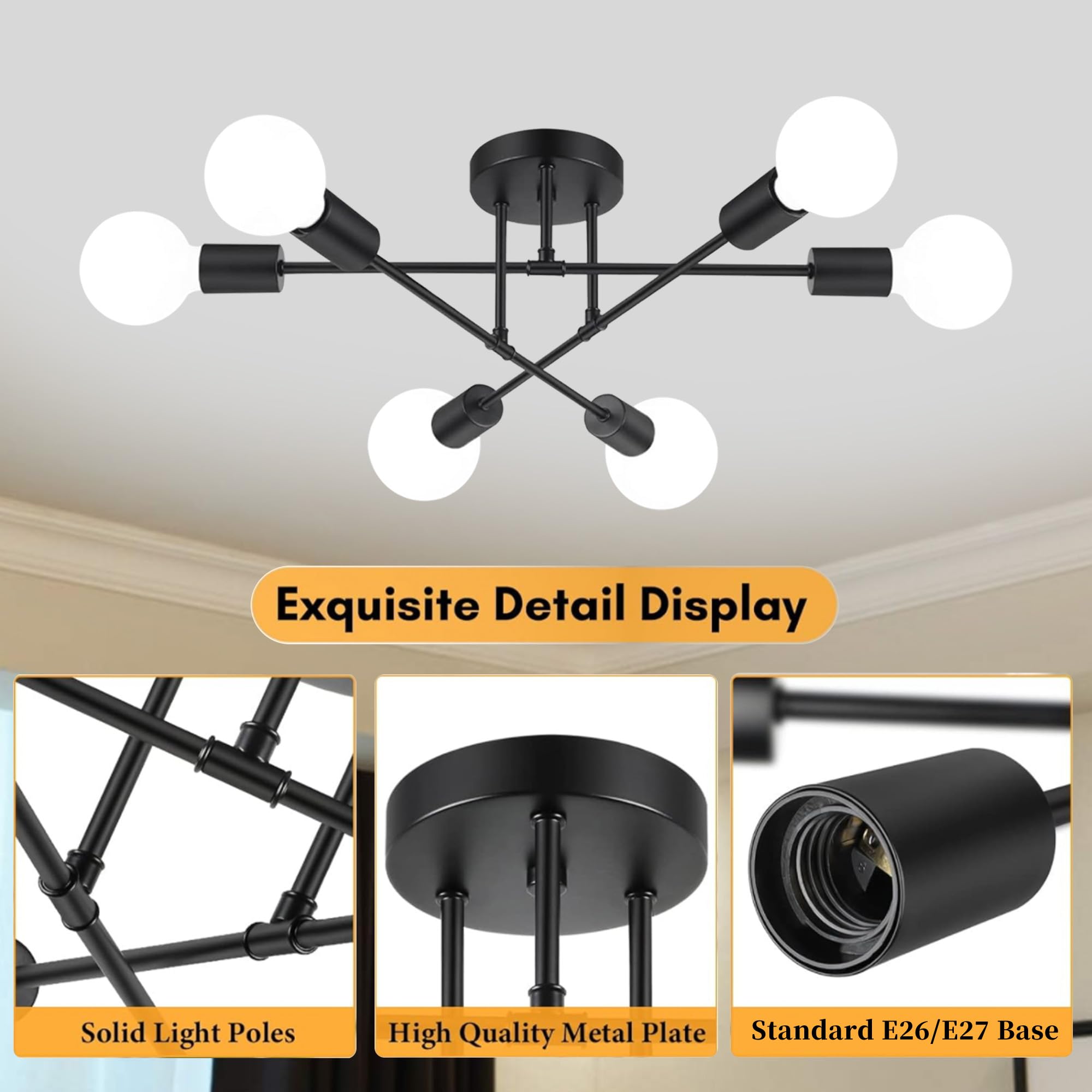 YHTlaeh Lampadario Soffitto Industrial Forma DIY Plafoniera E27 Moderno Lampada da Soffitto in Ferro Vintage per Camera da letto Soggiorno Cucina Corridoio (Nero, 6T)