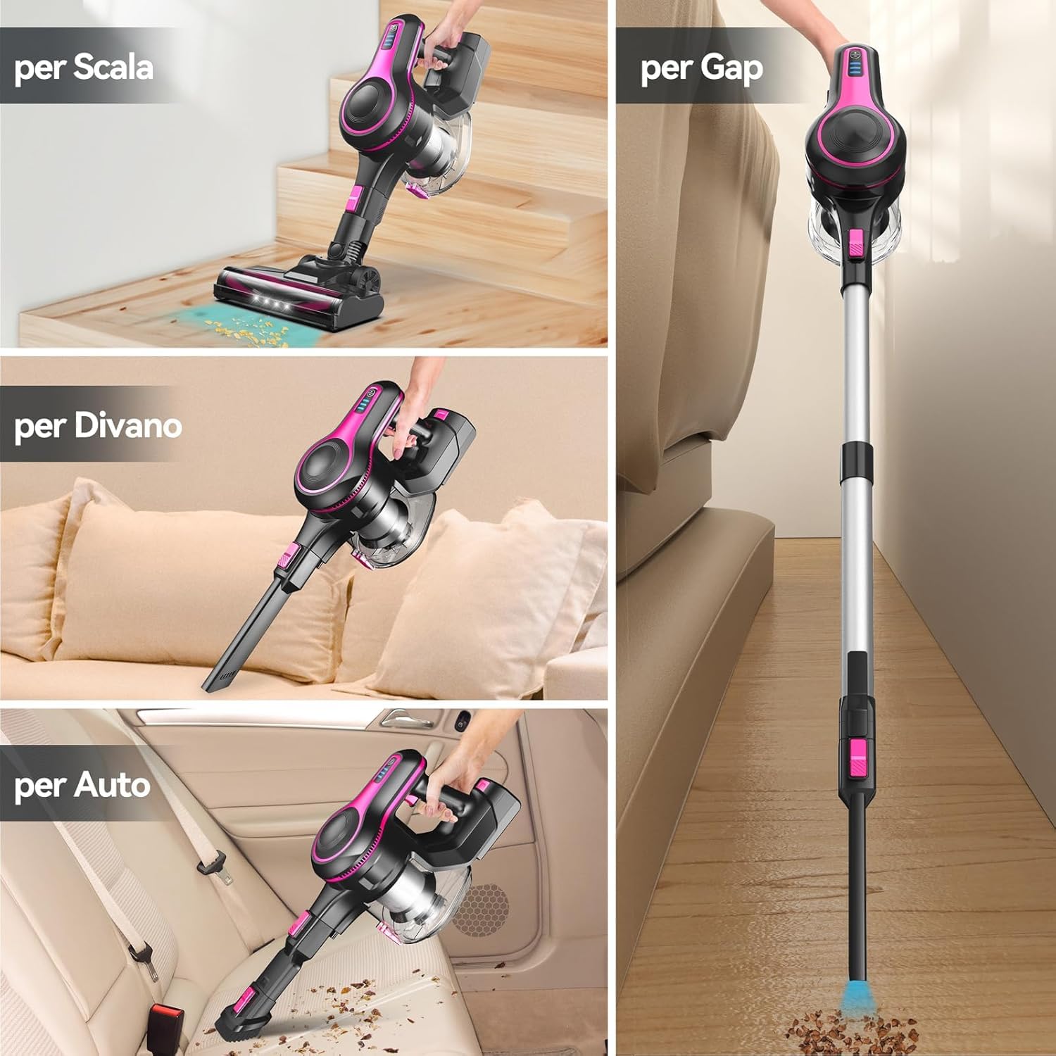 Generico Aspirapolvere Senza Fili Potente, Scopa Elettrica 45 Minuti Spazzola a LED Dust Cup Grande 1,2L, Scopa Elettrica in Piedi da Sola, per tappeti e peli di Animali