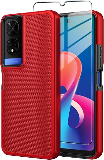 for TCL 50 XE Nxtpaper 5G Case with Tempered Glass Screen Protector, Dual Layer Heavy Duty Shockproof Protection Phone Case Cover for 50 XE 5G Red