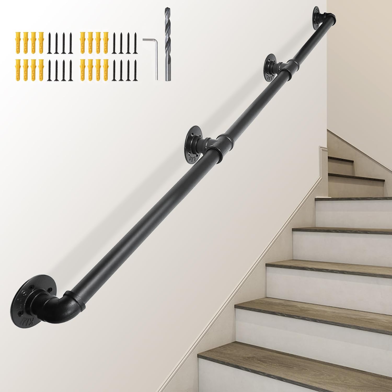 SCIEO 10FT Industrial Stair Handrail, Wall-Mounted Staircase Handrail for Indoor Outdoor Steps, Metal Pipe Stair Railing Galvanized Steell Hand Rail Non-Slip Grab Bar for Steps Stairs Porch Deck