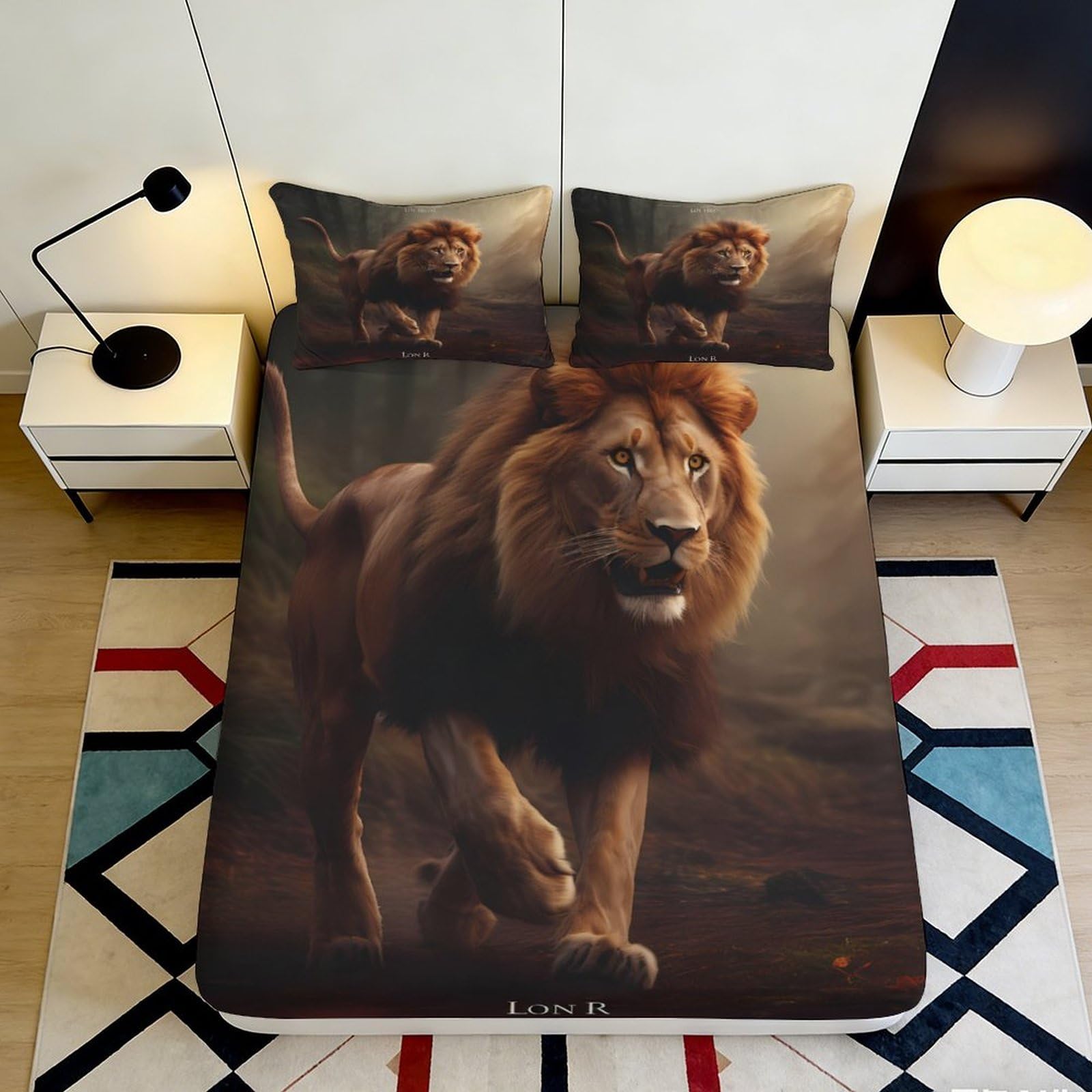 3D Printed Lion 3D Fitted Sheet Microfiber Soft Breathable Lion 3D Mattress Cover for Bedroom Dormitory Guest Room Bed Protection Decor 180x200x25cm