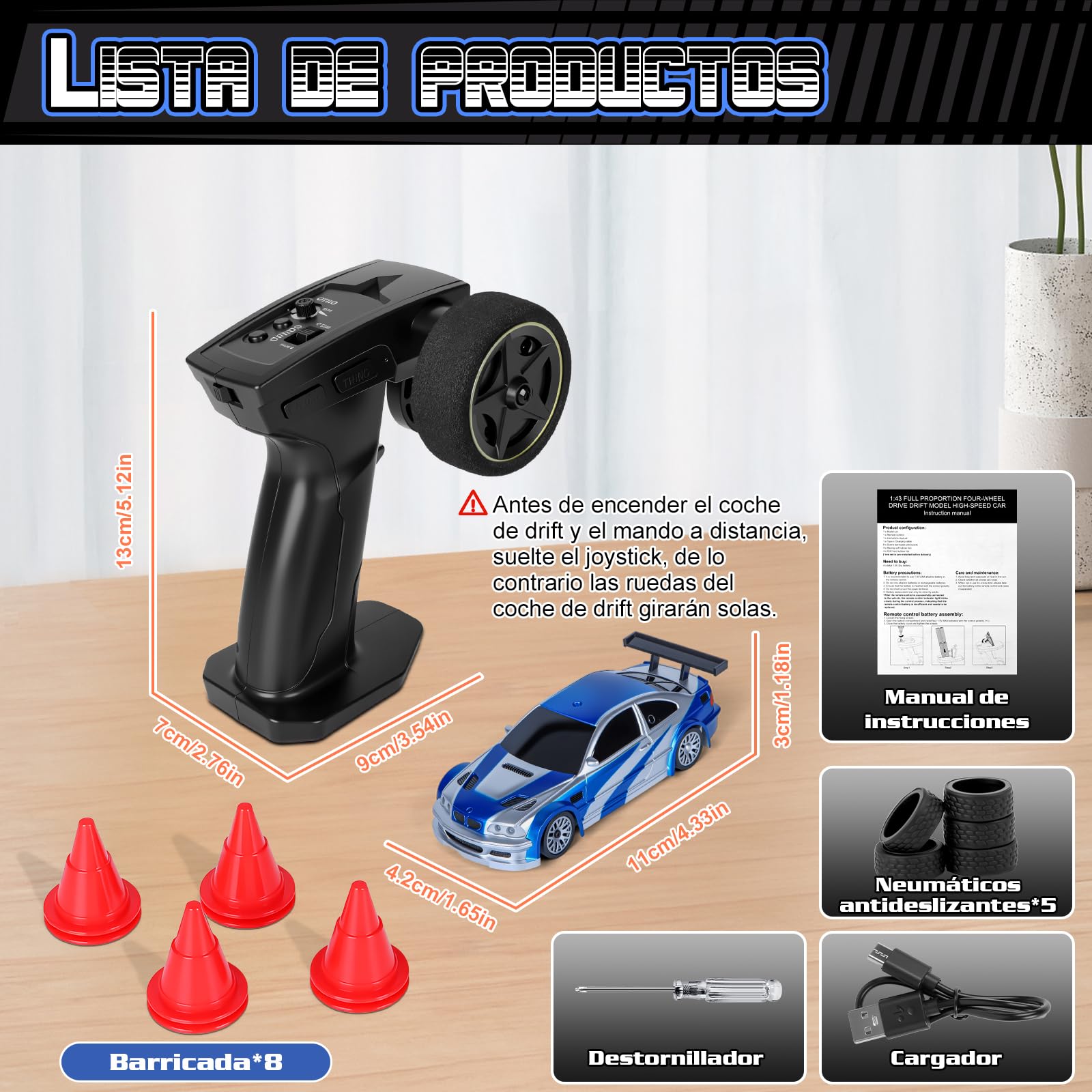 JONRRYIN Coche Teledirigido Drift Pro, 1:43 Mini Drift RC Car, 4WD Car Radiocontrol con Giroscopios y Luces LED, 15km/h, Coche Teledirigido de Juguete para Niños de 14+ Años (Azul Pro-Gyro)