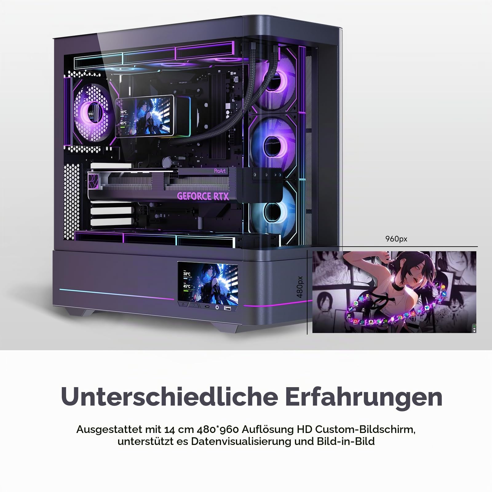 TZMRIT AC-02 PC Gehäuse mit 5.5INCH LCD Display,Mittelturm ATX-Computergehäuse mit Panorama-Doppelglas (Black)