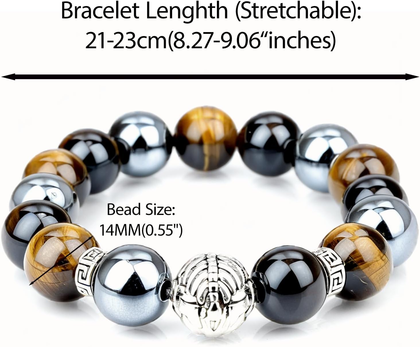 Large 14mm Tiger's Eye Obsidian Hematite Triple Protection Bracelet - Lucky Spacers Unisex Stretch Bracelet, Blessing Healing Jewelry, Great Gift Choice for Parents/Partners/Employees - Image 3