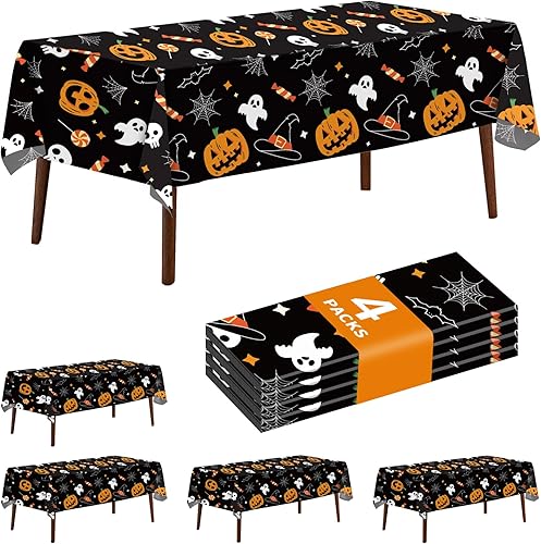Paquete de 4 manteles rectangulares de plástico con diseño de fantasma y calabaza de Halloween, 54 x 108 pulgadas, manteles de mesa de Halloween