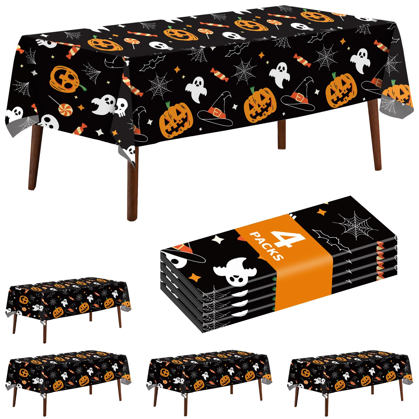 Halloween Plastic Tablecloth 3-Pack - 54x102 Inch Pumpkin & Witch Design Party Decor