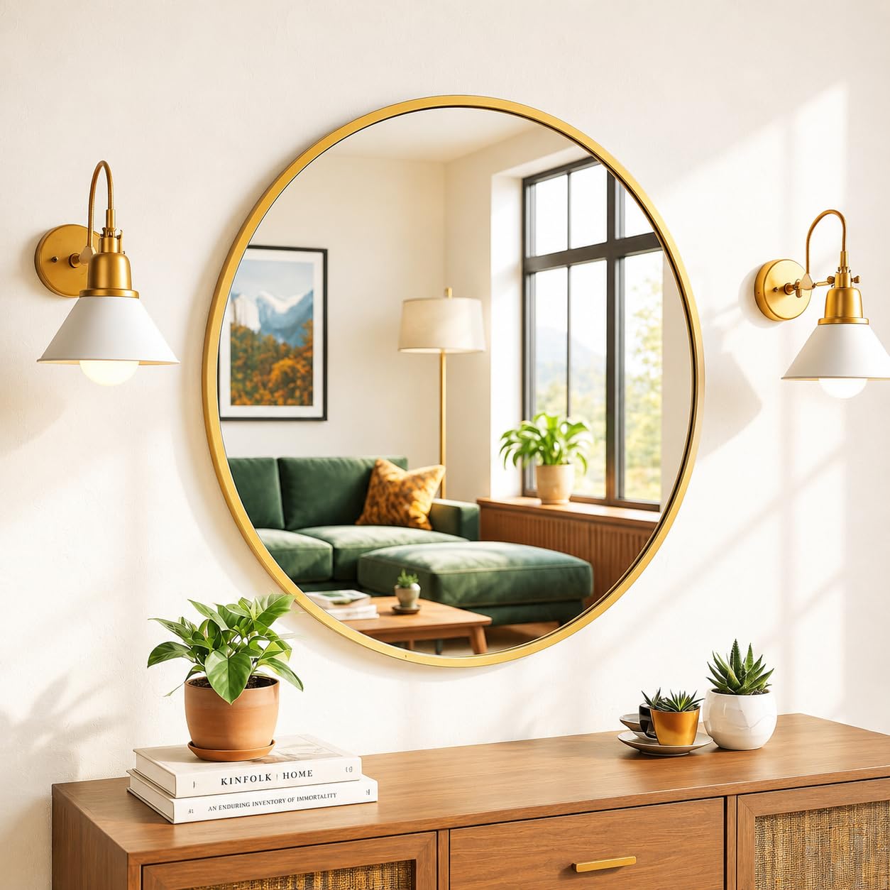 30" Vanity Round Home Decor Wall Mirror in Gold Metal Frame - Modern Design for Bathroom Wash Basin, Bedroom, Drawing Room-image-8