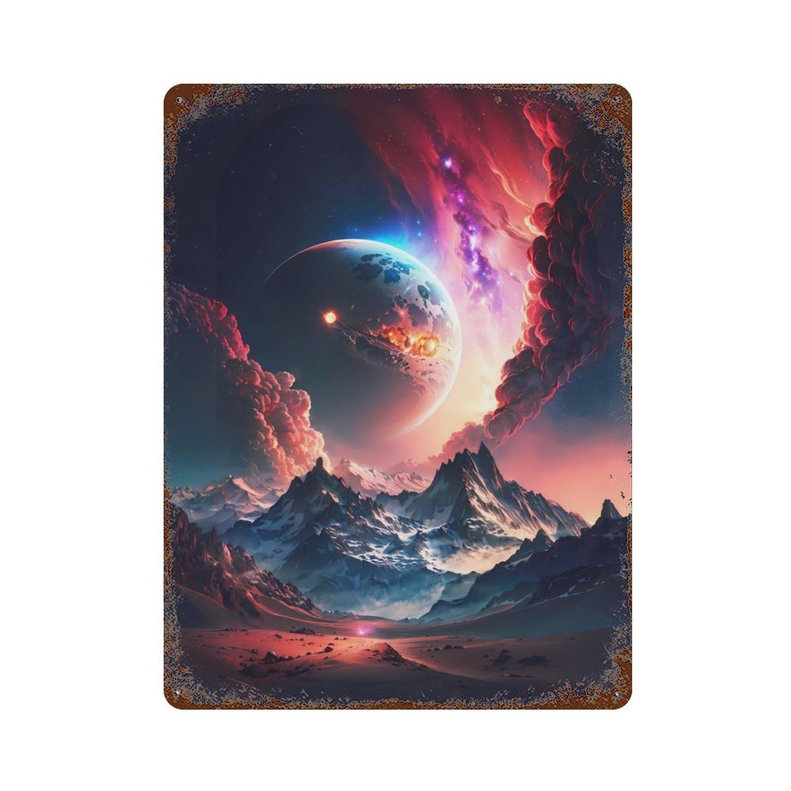 Galactic Mountain Planet Rust Effect Tin Sign 15.7"x11.8", Ideal for Garage, Bar And Workshop Decor