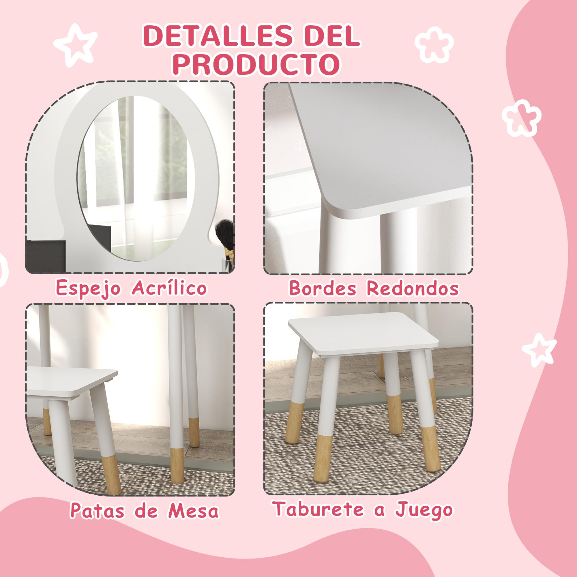 AIYAPLAY Tocador para Niñas con Taburete Tocador de Maquillaje Infantil para Niñas de +3 Años con Espejo Diseño Sencillo Blanco