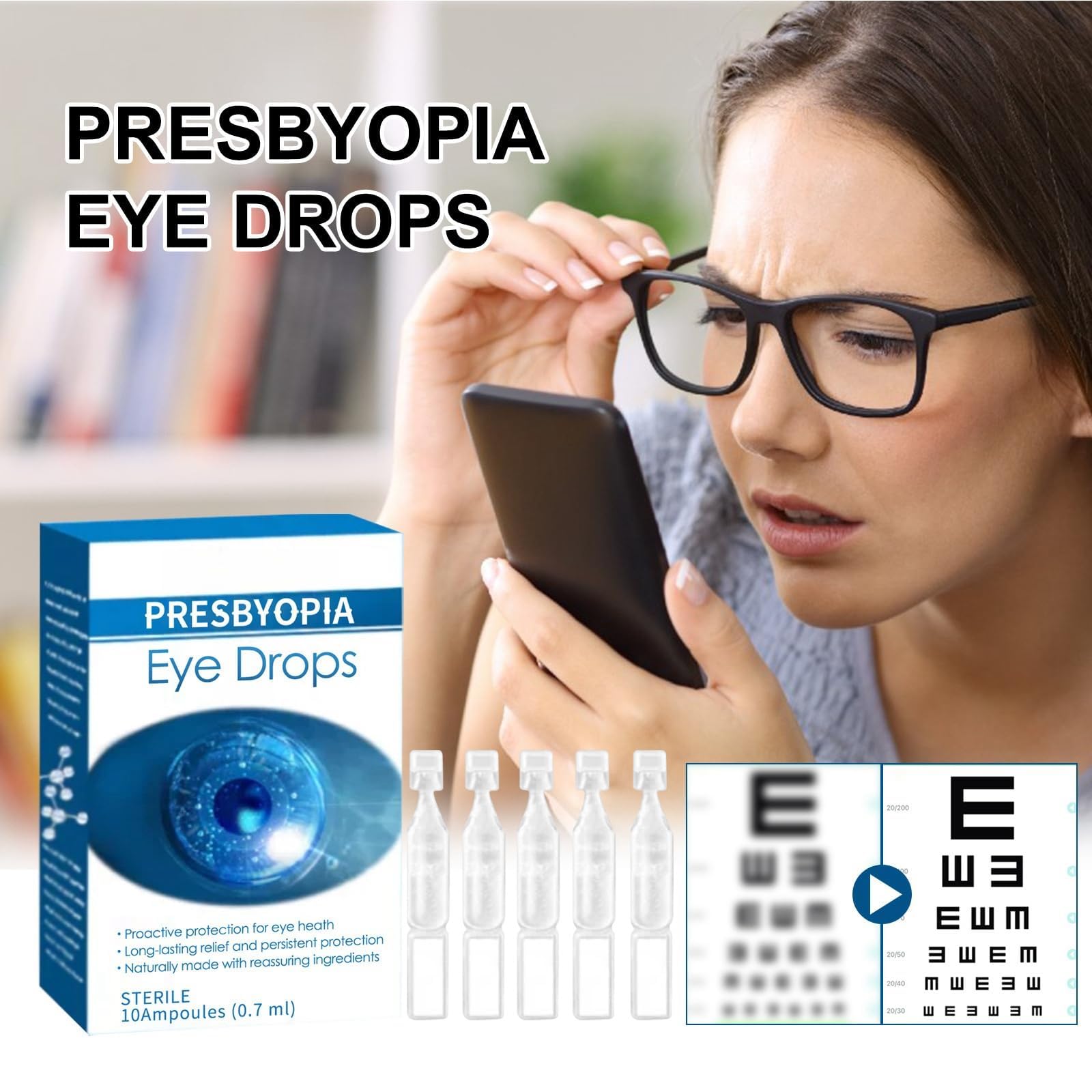 Gouttes oculaires réparatrices pour la presbytie, améliorent la vision, hydratent et apaisent les yeux, équilibrent le pH, nourrissent les yeux