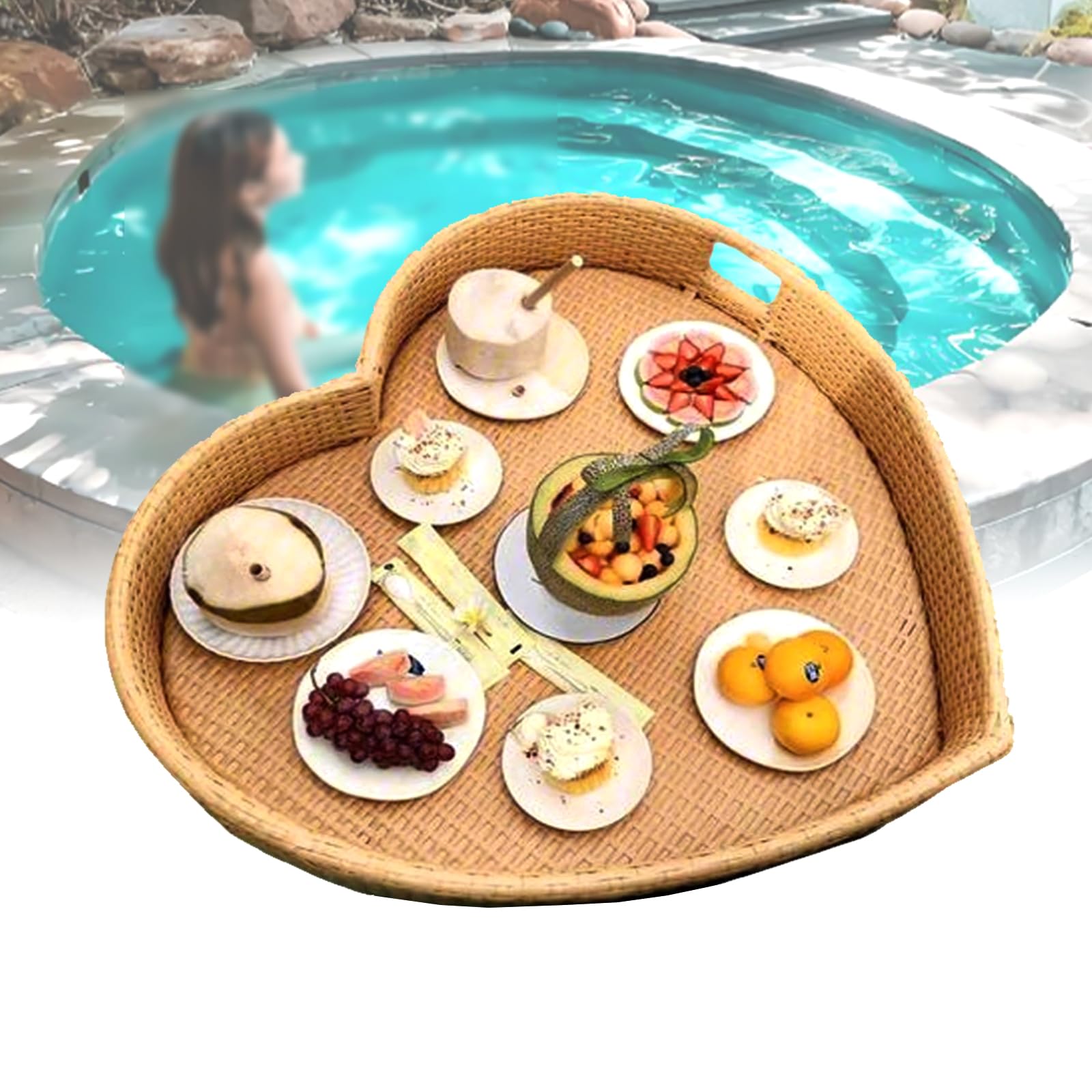 Bandeja flotante para piscina 60x60 cm de ratán en forma de corazón apricot