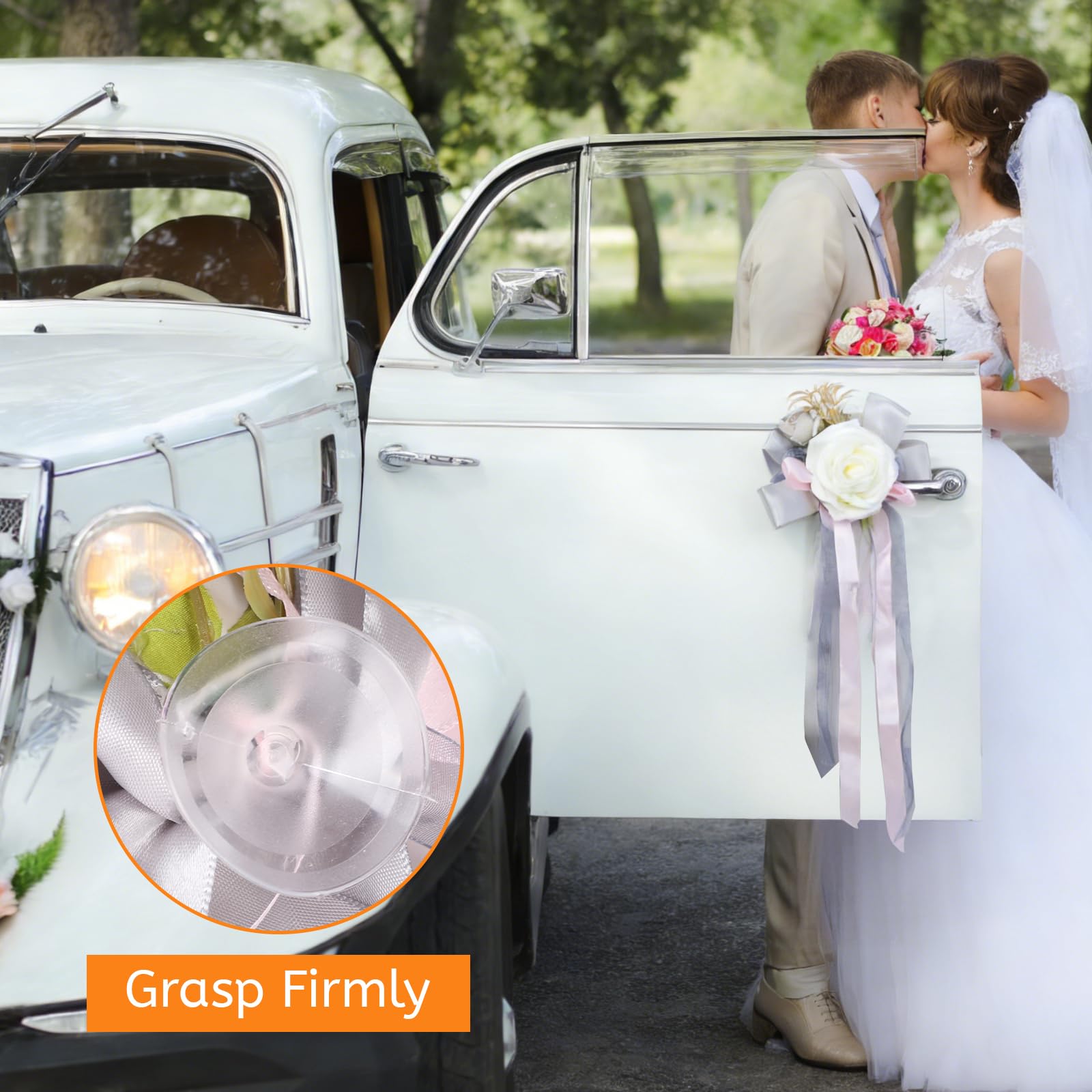 DBREAKS 4 Piezas de decoración para Coches de Boda, Floral para manillas de Puertas de Coches, Rosa Blanca Artificial con ventosas, para retrovisores