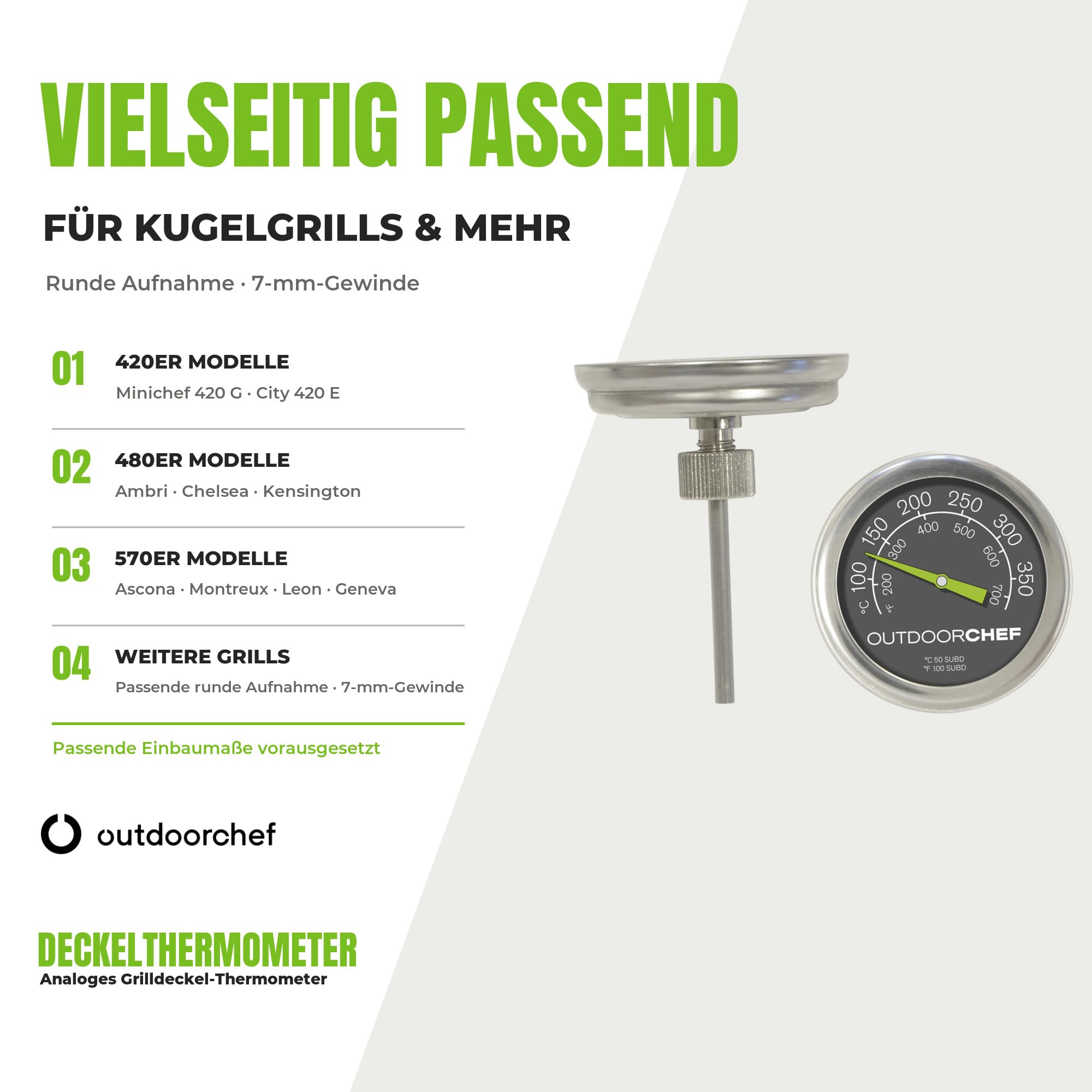 Outdoorchef 400 °C'ye kadar mangal termometresi, klasik kapak termometresi, ekstra büyük kadranlı