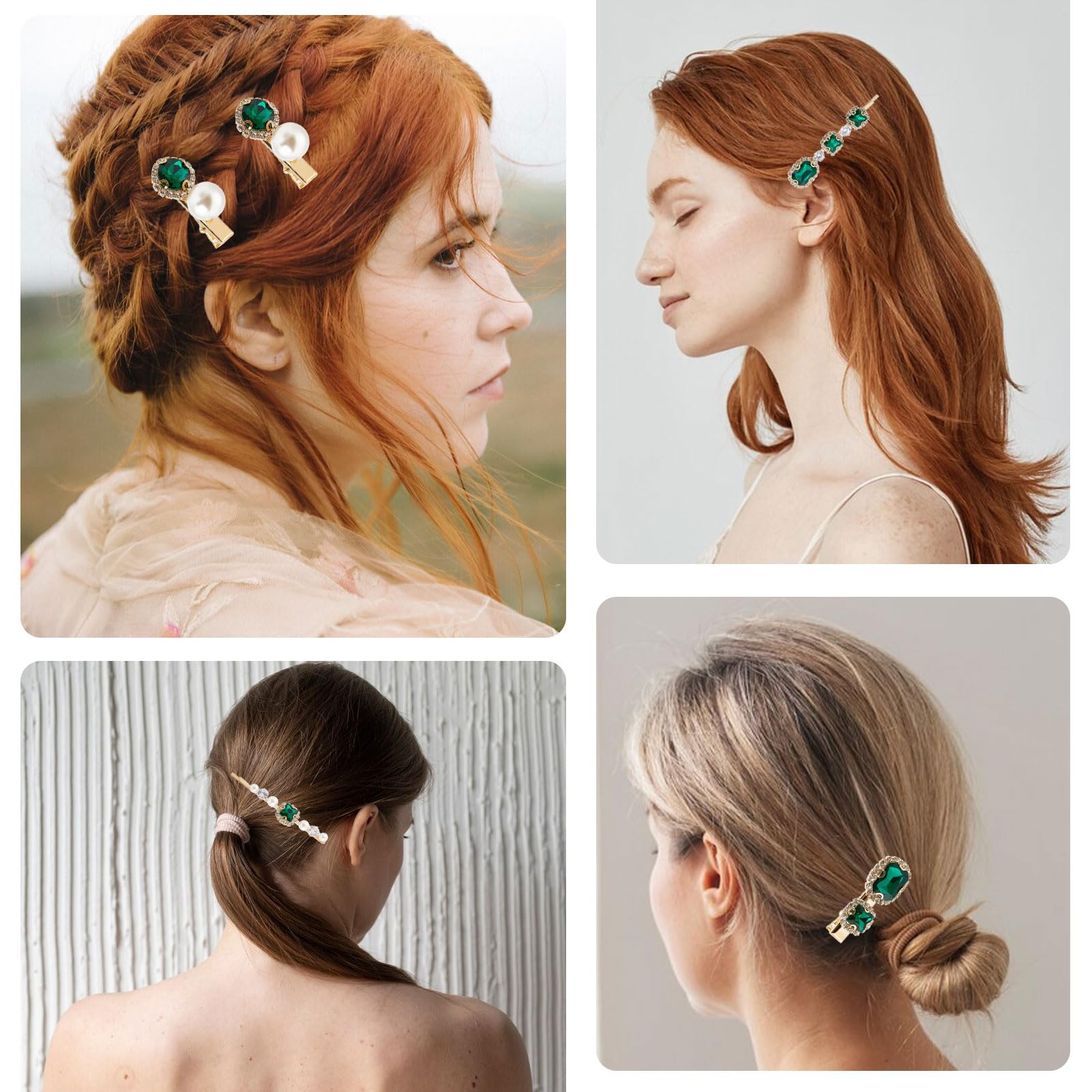 NICENEEDED 5 PCS Green Rhinestone Hair Clips Set, Glitter Crystal Hair Jewelry Barrettes - Image 4
